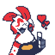 The webmaster. It is an anthropomorphic, robotic moth with red-spotted, white wings wrapped around its shoulders like a cloak, red antennae, red-dyed sideswept hair-slash-fur, headphones colored red-and-gray, a gleeful smile, and a three-fingered hand held in a 'thumbs-up' gesture. A bouquet of friendly hearts accentuates the corner of the image.